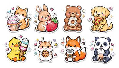 Obraz premium Cute cartoon animals set vector illustration with cat, rabbit, bear, dog, duck, hamster, fox, and panda