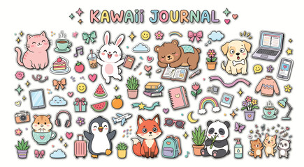 Obraz premium Kawaii Journal vector stickers set with cute animals, stationery, and decorative elements