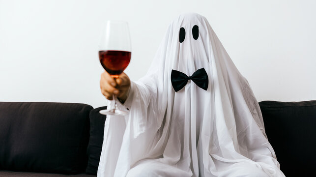 Person wearing a classic white sheet ghost costume with two black eye holes and a black bow tie holds a large glass of red wine toward the camera while sitting on a dark sofa again