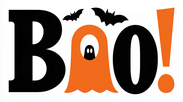 Bold Halloween typography reading Boo with oversized black letters, the first O transformed into an orange ghost shape containing a tiny black ghost, two flying bat silhouettes abo