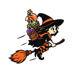 Obraz premium Vector Illustration Featuring a Witch Character with Magic Potions and Halftone Pattern Design