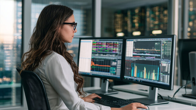 Young female financial analyst with long wavy brown hair and eyeglasses works at dual computer monitors displaying spreadsheets, colorful charts and business dashboards, seated at