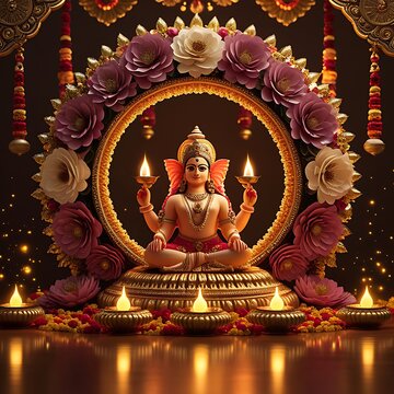 Goddess lakshmi statue floral arch glowing oil lamps diwali images
