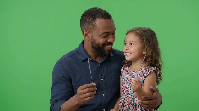 Father and daughter smiling and looking at each other on a green screen background. The father is holding a thin stick and the daughter is also holding a stick and they seem to be having fun.