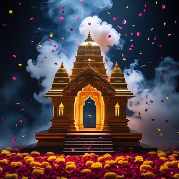 Golden hindu temple architecture falling flower petals mystical smoke wallpaper images