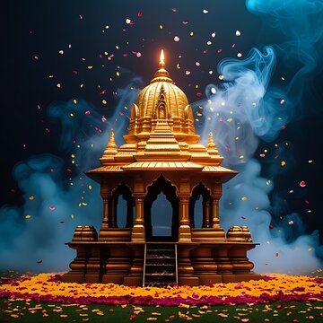 Golden hindu temple shrine festive confetti smoke night wallpaper images