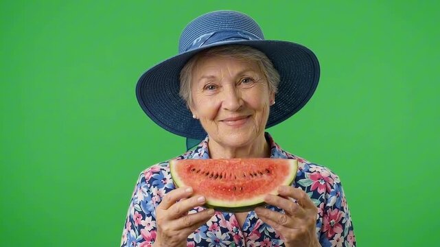 An elderly woman wearing a blue hat and floral shirt holds a slice of watermelon, smiling at the camera. on a green screen background