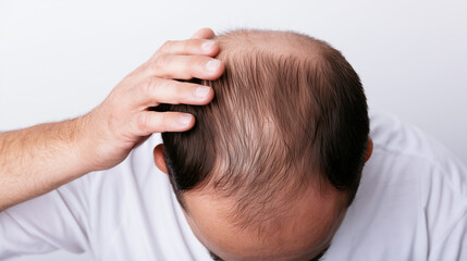 Fototapeta premium overhead view of a man showing significant thinning on the top of the head with reduced hair density around the frontal and vertex areas, typical appearance of progressive male hai