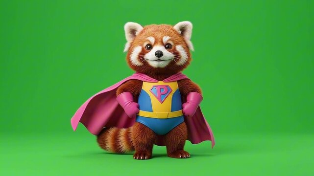 A cute red panda dressed as a superhero with a pink cape and gloves, standing confidently against on a green screen background. The panda has a determined expression and is ready for action
