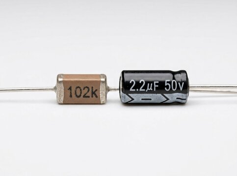 Electronic resistor and capacitor with leads side by side on white background for circuit.