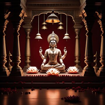 Hindu deity statue ornate temple shrine lotus flowers hanging bells hd images