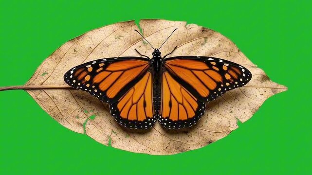 A monarch butterfly rests on a dry leaf against on a green screen background