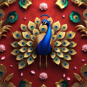Majestic peacock golden feathers ornate floral pattern red wallpaper images
