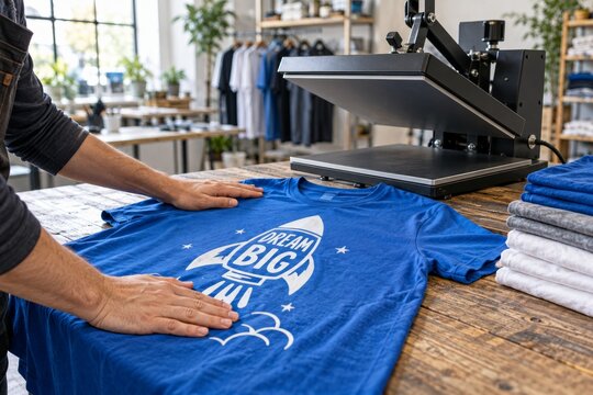 A person printing a design on a blue T-shirt using a heat press in a workshop.