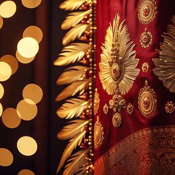 Red gold Indian fabric feather trim festive bokeh lights pictures