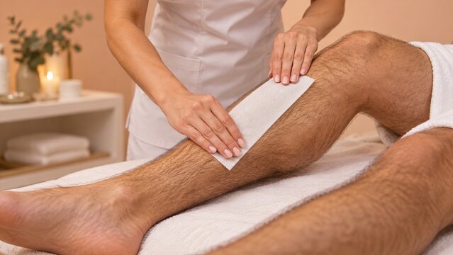 Professional therapist performing hair removal waxing on a man's leg.