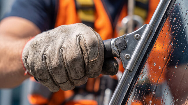 Worker's gloved hand gripping a squeegee, diligently cleaning a wet glass surface, representing professional maintenance, hygiene, and efficient commercial service