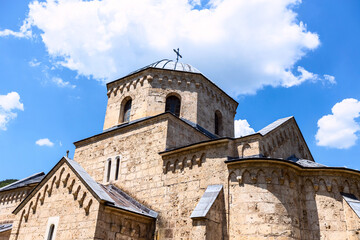 Upward view of Gradac Monastery octagonal dome and cross © mitarart