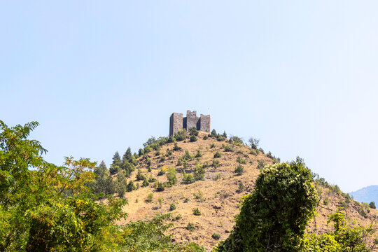 Medieval Maglic fortress ruins seen from below the hillside