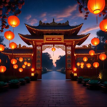 Traditional chinese gate glowing red lanterns twilight festival wallpaper images