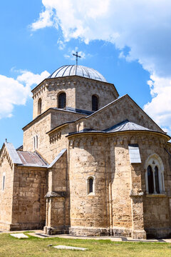 Domed apse of Gradac Monastery church under blue sky