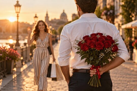 Man hiding a bouquet of red roses behind his back to surprise his lover.