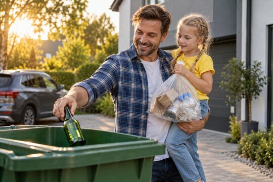 A father holding a young girl while throwing an empty bottle and food waste into the correct garbage bins.