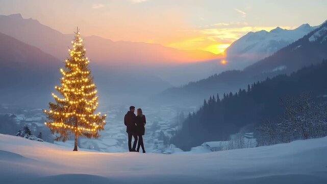 Couple Beside Glowing Christmas Tree in Snowy Mountains