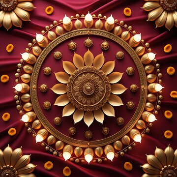 Diwali diya lamp rangoli golden flowers deep red silk images