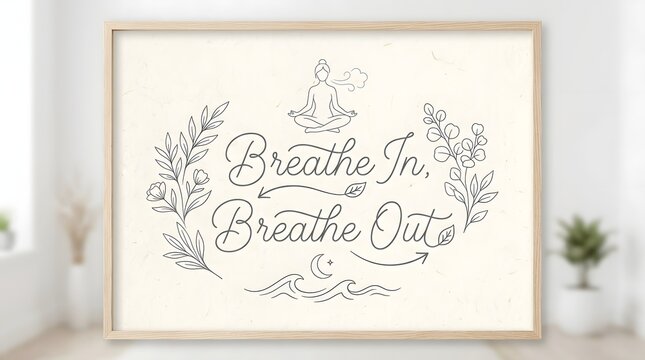 Breathe in breathe out inspirational typography wall art with inspirational quote mental health positive affirmation wall decor script font interior design stress relief breathing exercise