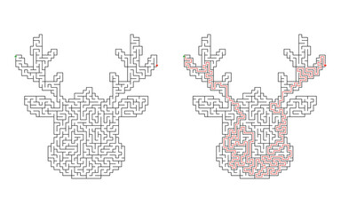 Christmas reindeer head with large branching antlers shaped maze puzzle, shown unsolved and solved with red solution path between green start and red finish © Katerina