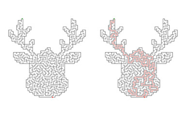 Christmas reindeer head with tall branching antlers shaped maze puzzle, shown unsolved and solved with red route from green start to red finish on white background © Katerina