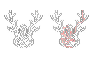 Christmas reindeer head with branching antlers shaped maze puzzle, shown unsolved and solved with red solution path, green start and red finish on white background © Katerina