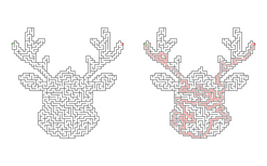 Hard difficulty Christmas reindeer with branching antlers shaped maze puzzle with dense passages, shown unsolved and solved with red solution route on white background © Katerina
