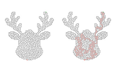 Very hard difficulty christmas reindeer with antlers shaped maze puzzle, shown unsolved and solved with red solution route, green start and red finish on white background © Katerina