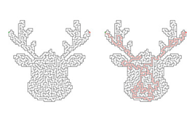 Hard difficulty christmas reindeer with antlers shaped maze puzzle with dense black paths, shown unsolved and solved with red solution route on white background © Katerina