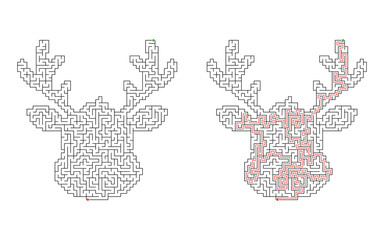Hard difficulty christmas reindeer with antlers shaped maze puzzle, shown unsolved and solved with red solution route, green start and red finish on white background © Katerina