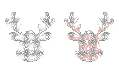 Hard difficulty christmas reindeer with antlers shaped maze puzzle, shown unsolved and solved with red solution route, green start and red finish on white background © Katerina