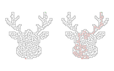 Christmas reindeer with large antlers shaped maze puzzle in very easy difficulty, shown unsolved and solved with red solution route, green start and red finish on white background © Katerina