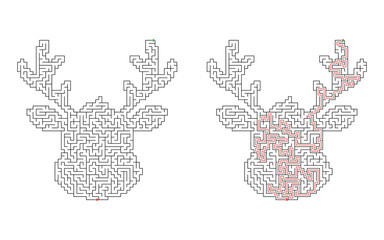 Hard difficulty Christmas reindeer head with large antlers shaped maze puzzle, shown unsolved and solved with red solution path, green start and red finish on white background © Katerina