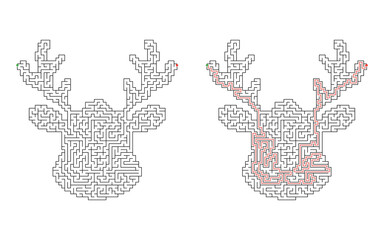 Hard difficulty christmas reindeer with antlers shaped maze puzzle, shown unsolved and solved with red solution route, green start and red finish on white background © Katerina