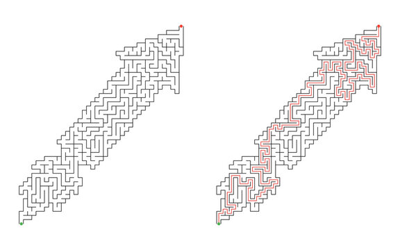 Firework rocket shaped labyrinth puzzle, displayed unsolved and solved with red route connecting green start and red finish on white background