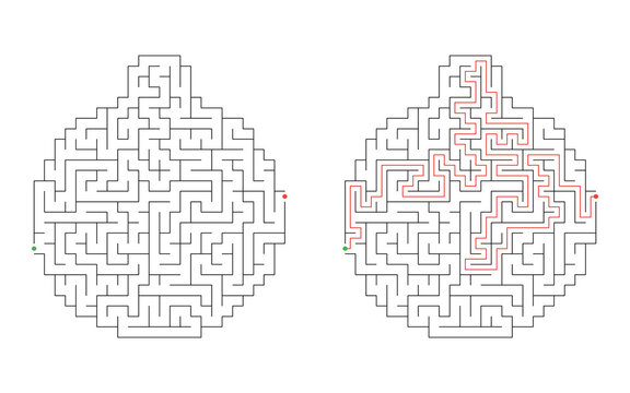 Easy difficulty oval maze puzzle with black paths, green start and red finish, shown unsolved and solved with red solution route on white background