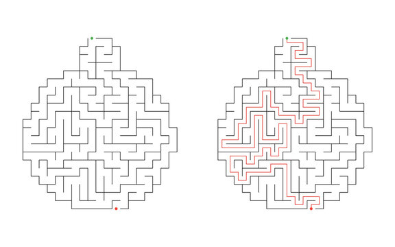 Christmas tree decoration shaped maze puzzle with unsolved and solved versions showing a red solution path through a round festive ornament