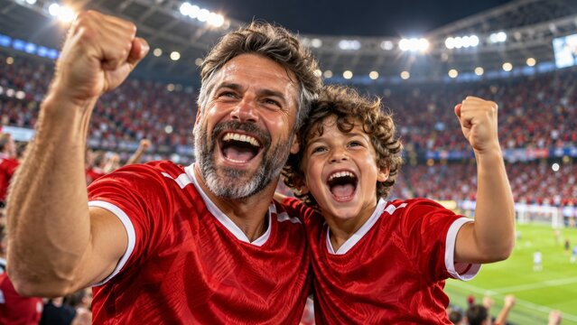 Excited father and son cheering joyfully at a soccer match in a stadium.