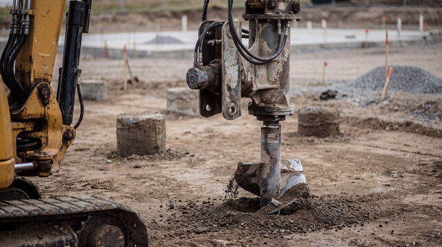 Excavator drilling holes in soil at a construction site