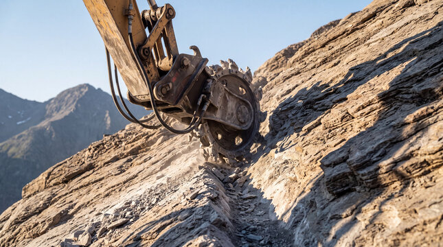 Rock trencher attachment cutting into mountain slope