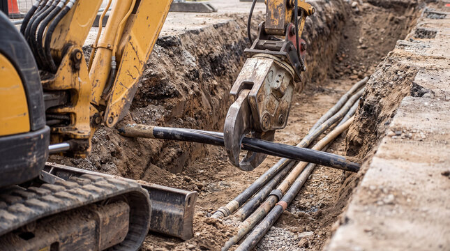 Excavator cutting utility cable in construction trench