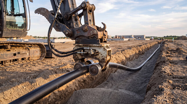 Excavator laying underground utility pipe in a construction trench