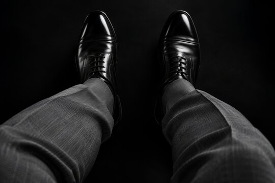 Man's viewpoint looking down at black dress shoes and grey suit pants.